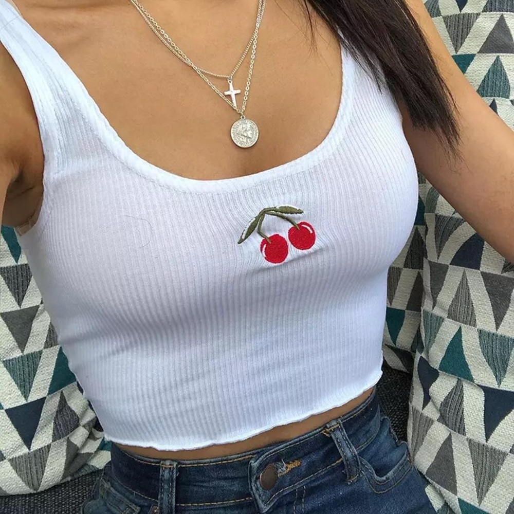 Cherries embroidered crop summer tank top